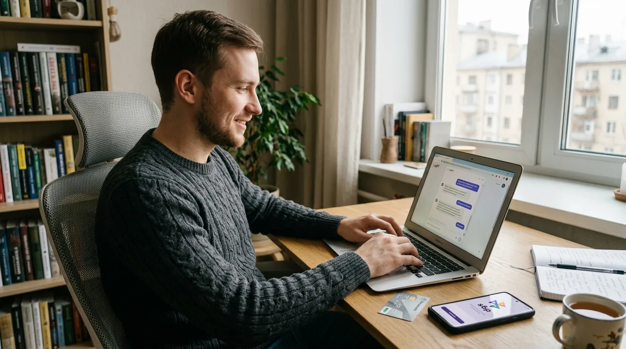 Пользователь спокойно работает с чатом ИИ на ноутбуке без VPN дома в России