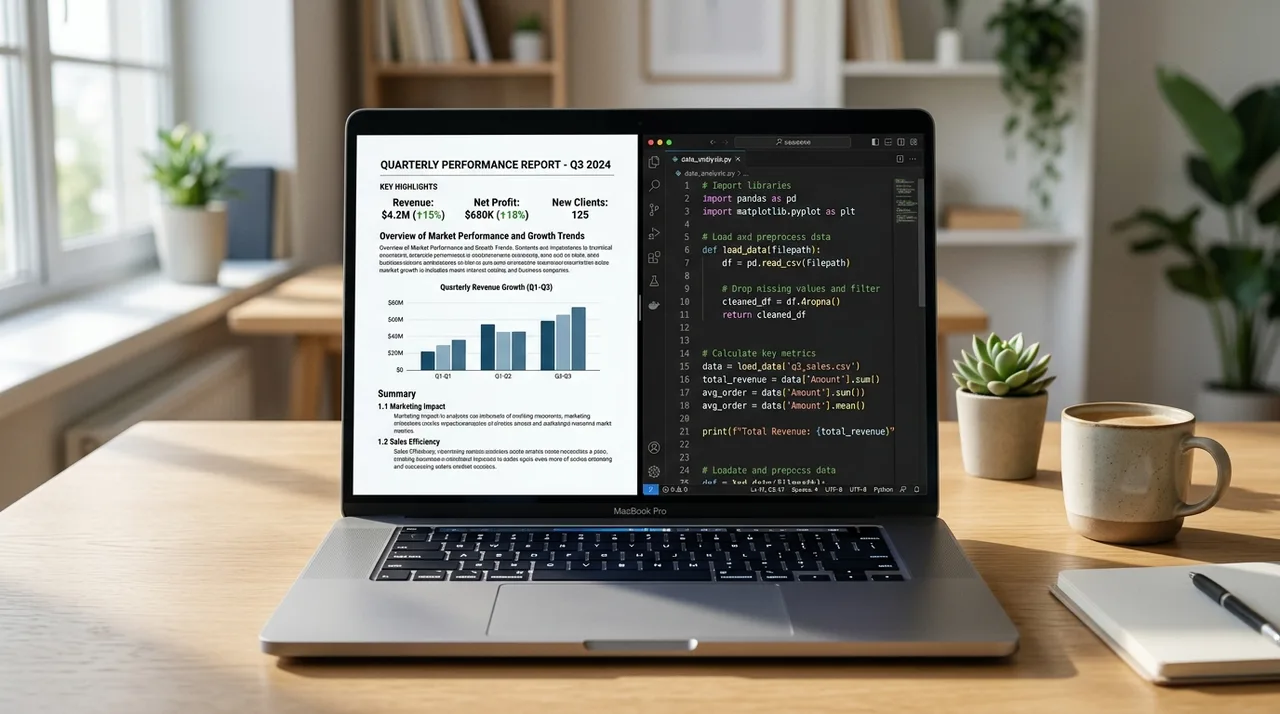 Экран с чистым деловым отчётом и аккуратным Python-кодом рядом