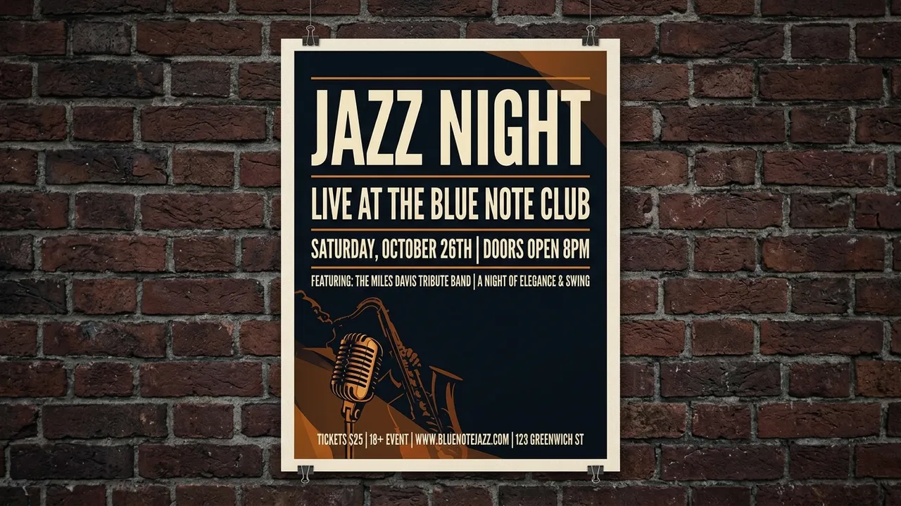 Постер концерта с чёткой крупной надписью JAZZ NIGHT и датой, читаемый шрифт, минималистичная композиция