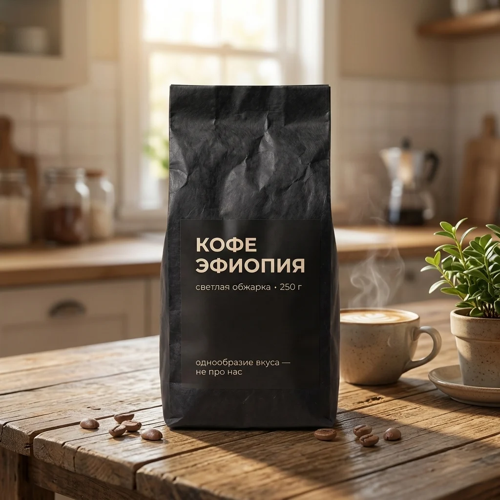 Тот же пакет кофе «КОФЕ ЭФИОПИЯ» на фоне размытой утренней кухни: деревянный стол, окно с солнцем, чашка и растение