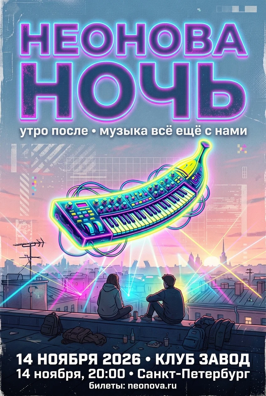 Та же афиша «НЕОНОВА НОЧЬ», но сцена заменена на рассвет на крыше: два человека сидят на краю, подзаголовок «утро после • музыка всё ещё с нами»