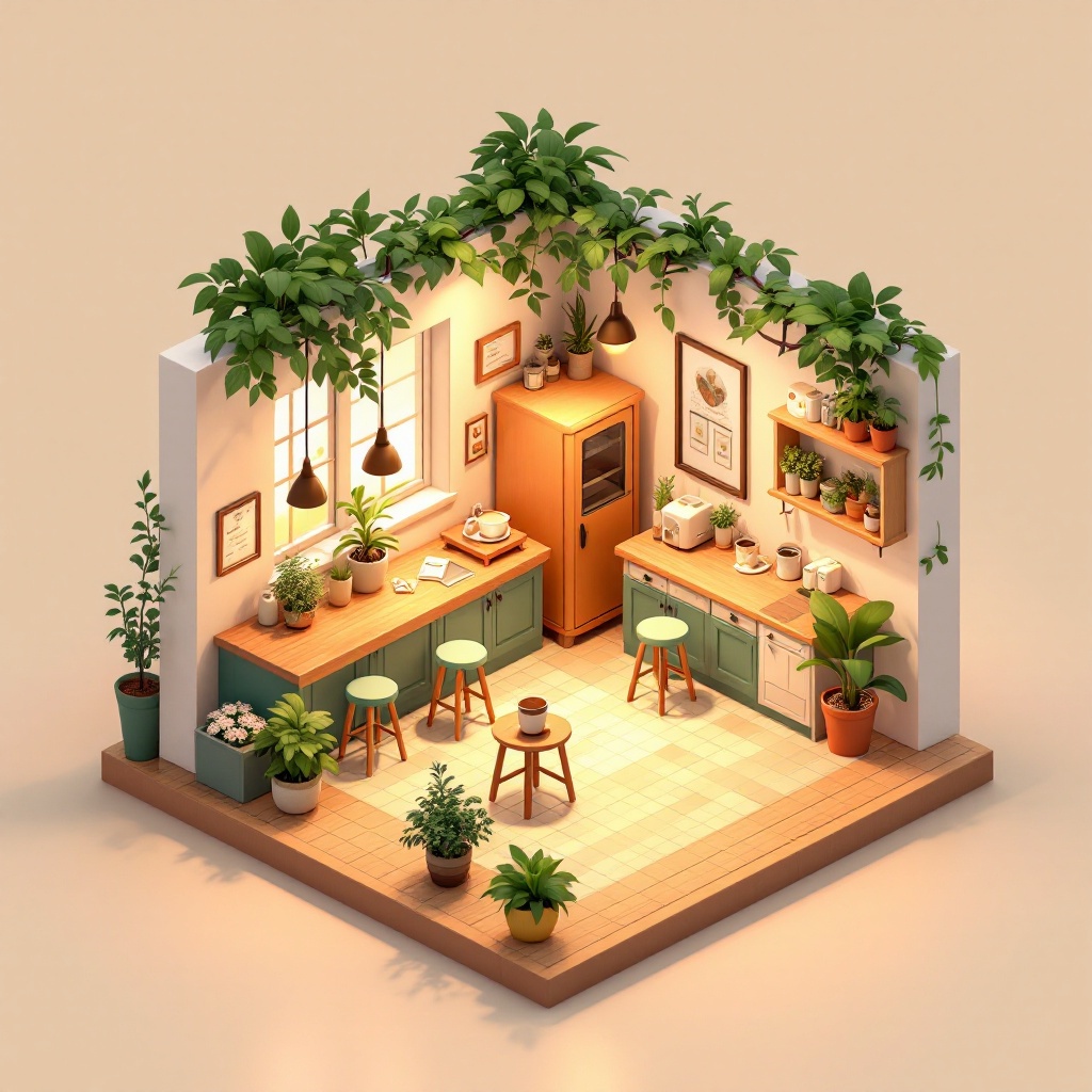 cozy isometric tiny coffee shop, warm lighting, 3d render, soft shadows, pastel colors, blender style — FLUX Pro 1.1