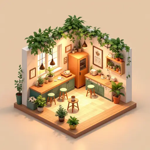 cozy isometric tiny coffee shop, warm lighting, 3d render, soft shadows, pastel colors, blender style — FLUX Pro 1.1