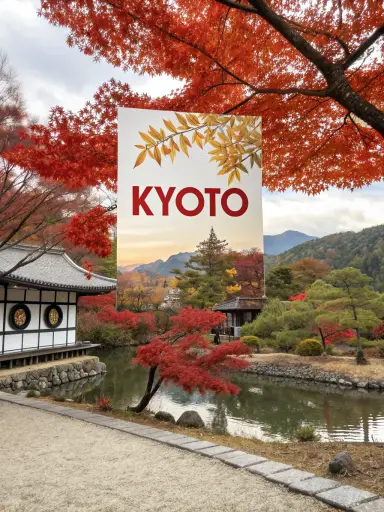 minimalist travel poster of Kyoto in autumn, flat vector, bold typography space, red and gold — Recraft V3