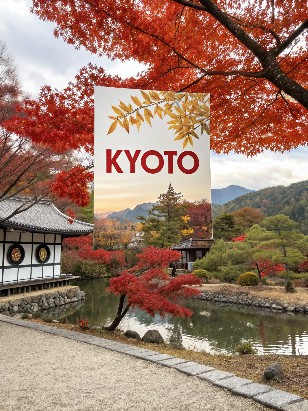 minimalist travel poster of Kyoto in autumn, flat vector, bold typography space, red and gold — Recraft V3