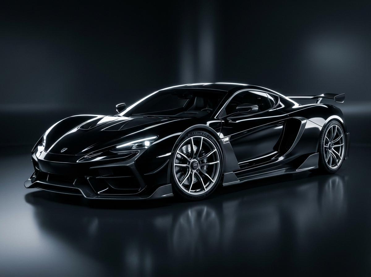 futuristic sports car concept, studio product shot, glossy black, dramatic rim light, ultra detailed — Nano Banana 2