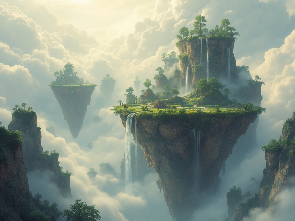 surreal floating islands with waterfalls into the clouds, fantasy concept art, epic scale, volumetric light — FLUX Pro 1.1