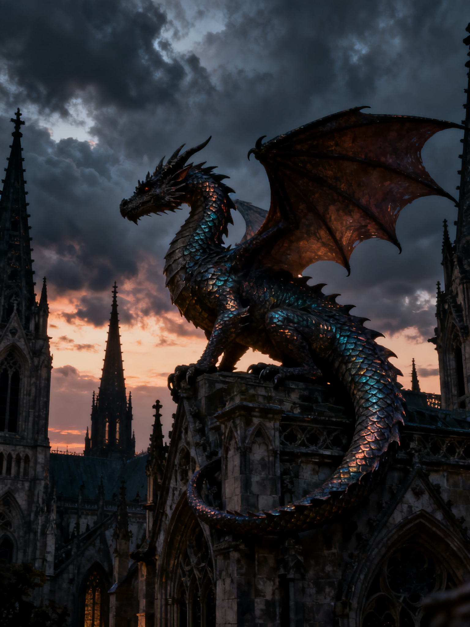 dragon perched on a gothic cathedral at dusk, dark fantasy, intricate scales, dramatic clouds — Seedream 4