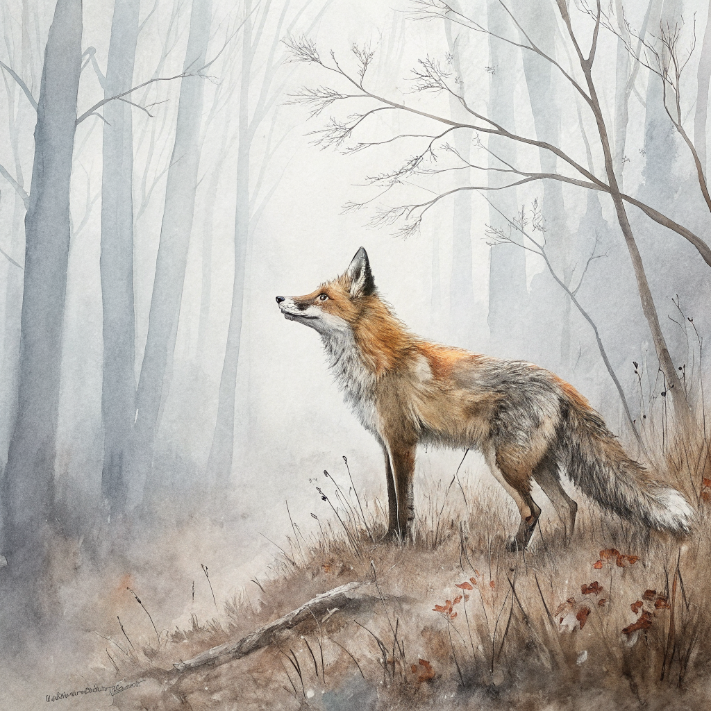 watercolor illustration of a fox in a misty forest, loose brush strokes, soft palette, storybook — Recraft V3