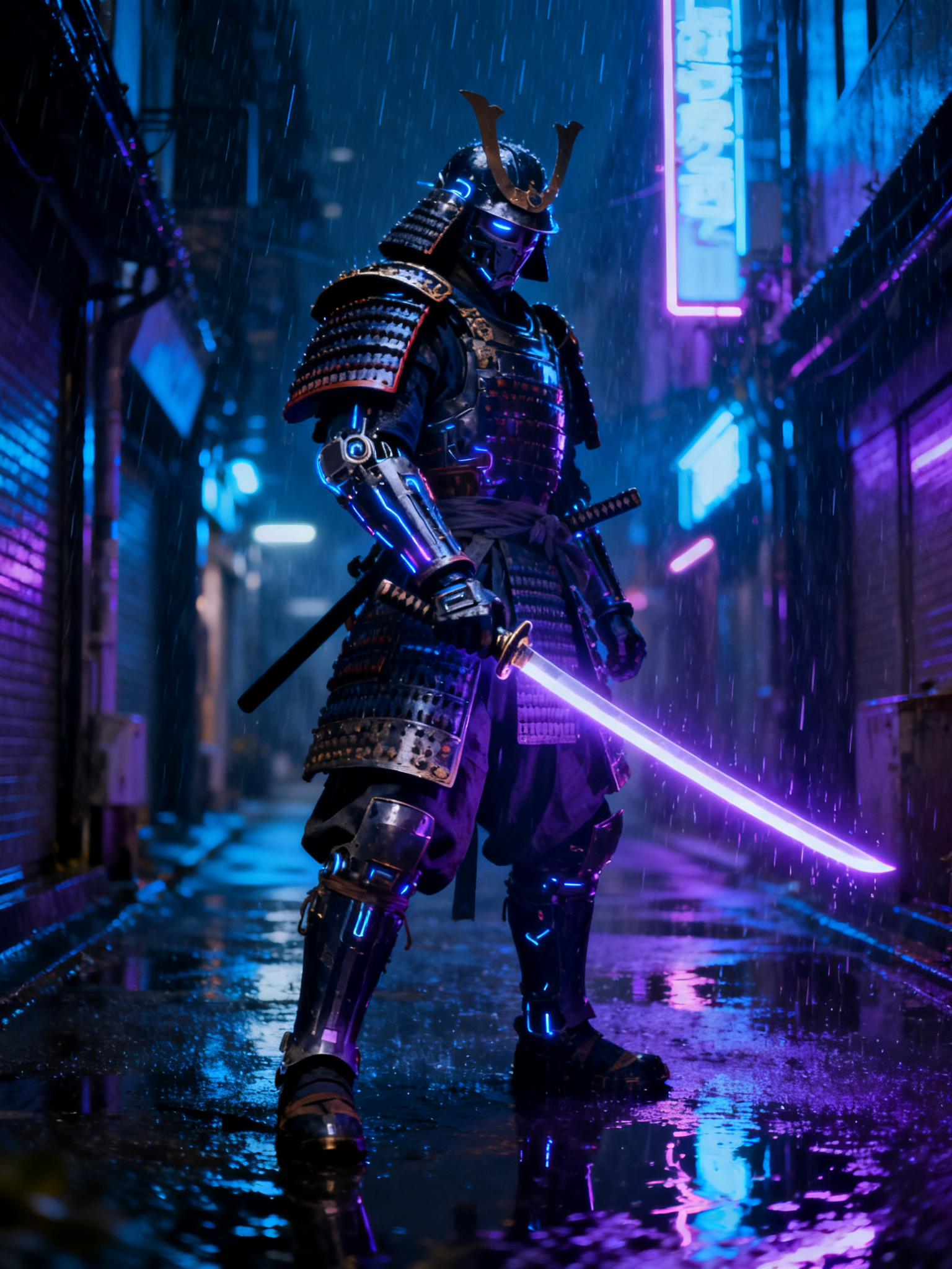 cyberpunk samurai in neon alley, glowing katana, rain, reflections, highly detailed, cinematic — Seedream 4