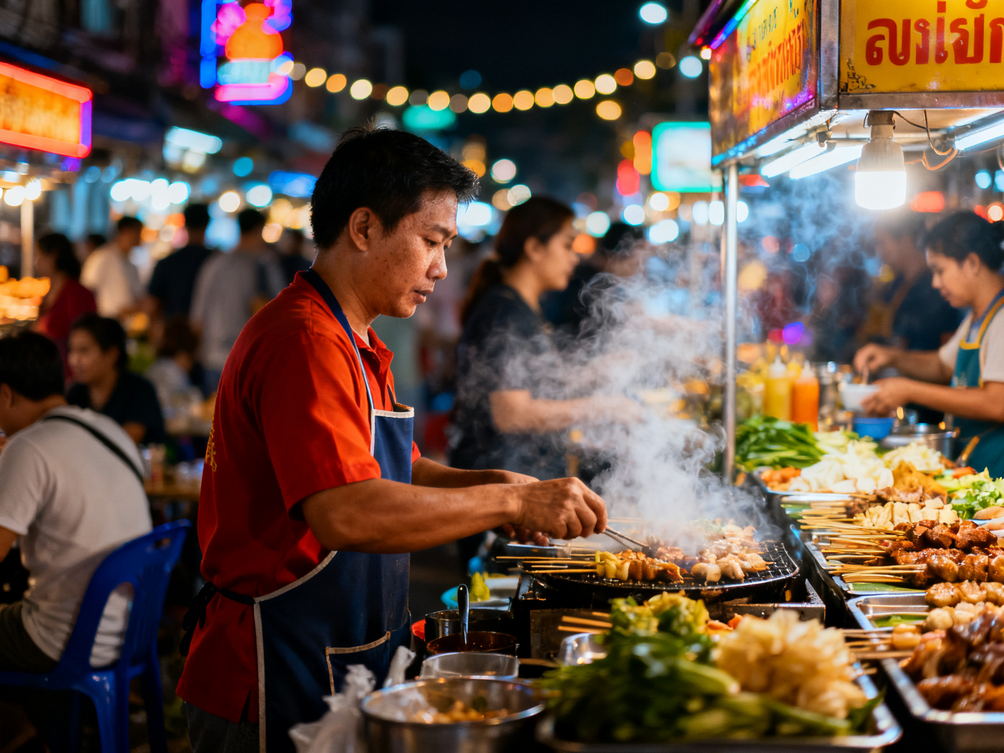 vibrant street food market at night in Bangkok, neon signs, steam, bokeh, travel photography — Seedream 4