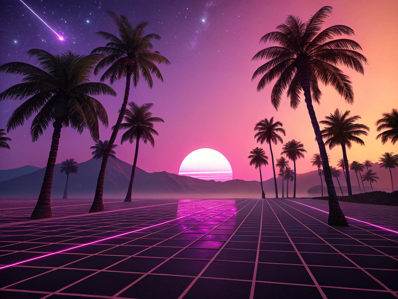 retro 80s synthwave landscape, grid horizon, palm trees, purple pink sunset, chrome sun, outrun — Recraft V3