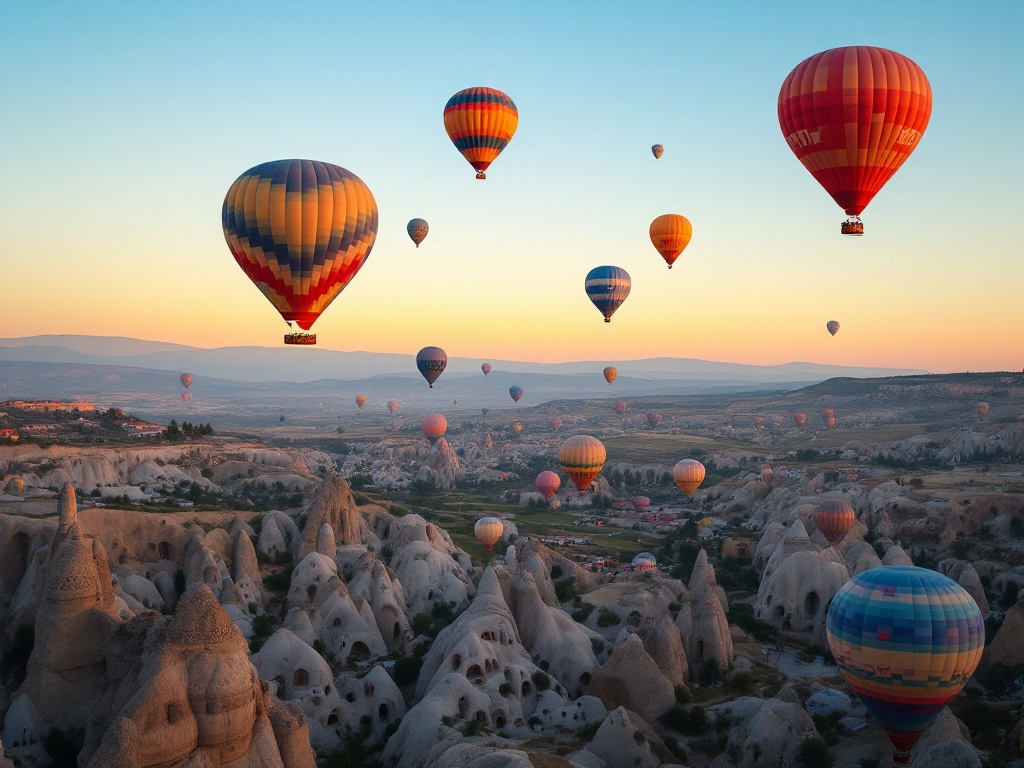 whimsical hot air balloons over Cappadocia at sunrise, dreamy, soft haze, aerial view, vibrant — FLUX Pro 1.1
