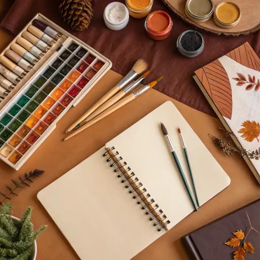 flat lay of artist desk, brushes, paint tubes, sketchbook, top view, organized, warm tones — Recraft V3