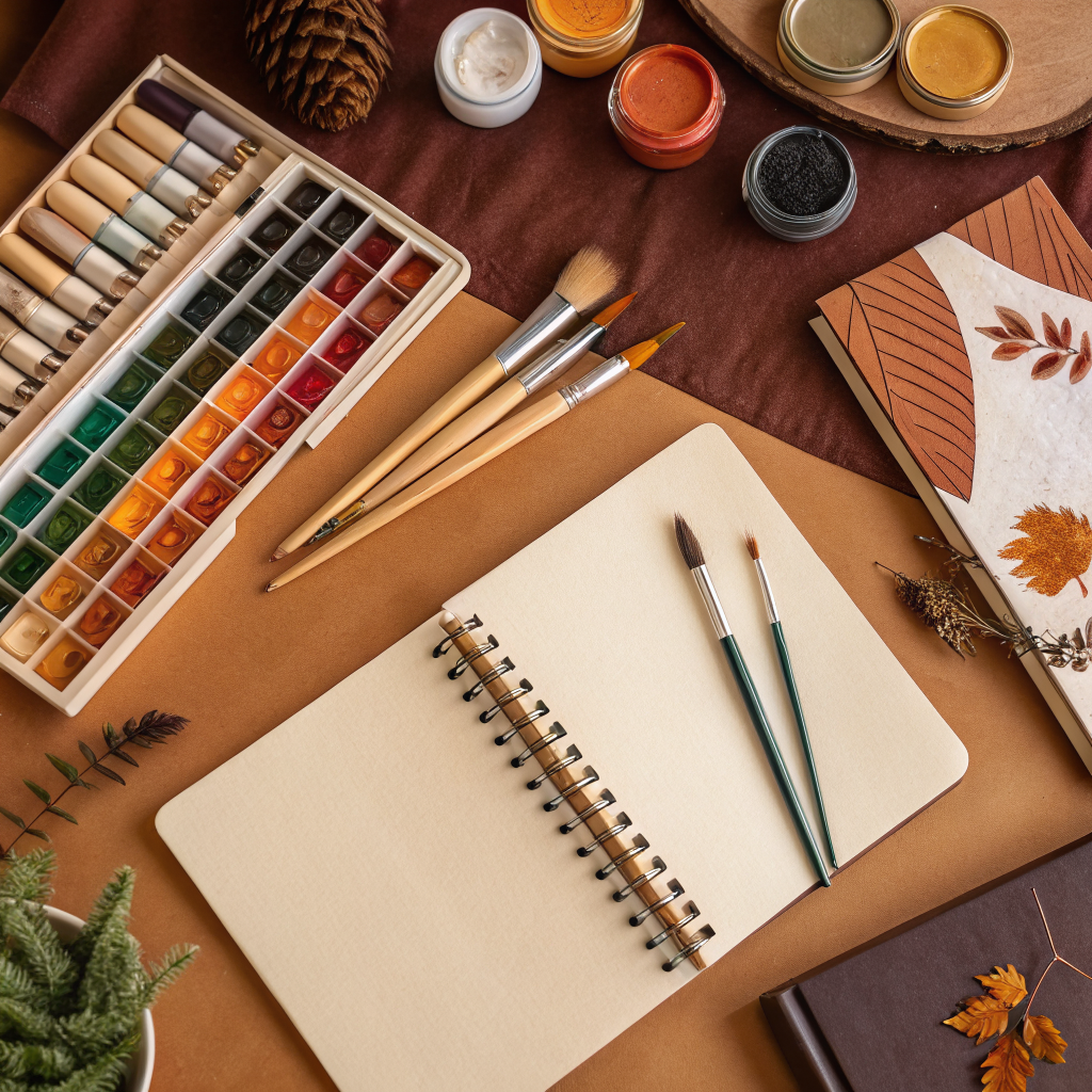 flat lay of artist desk, brushes, paint tubes, sketchbook, top view, organized, warm tones — Recraft V3