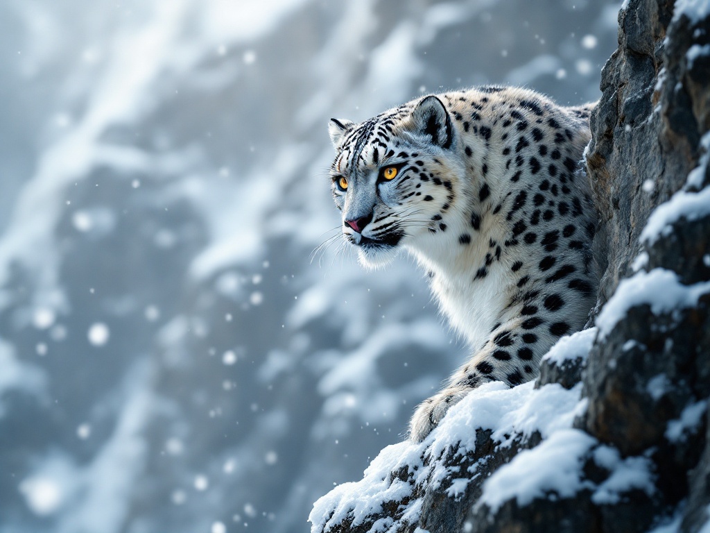 majestic snow leopard on a cliff, falling snow, piercing eyes, wildlife photography, telephoto — FLUX Pro 1.1