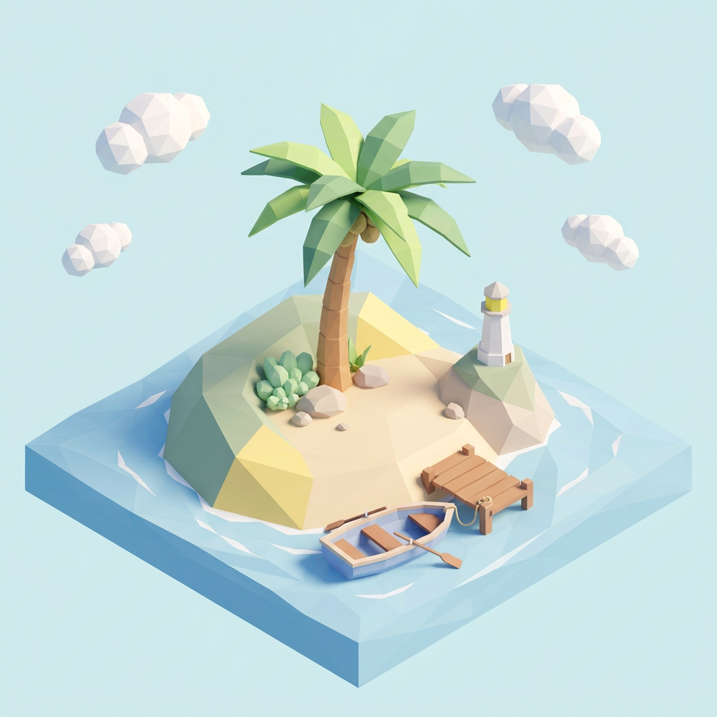 low poly cute island with palm tree and tiny boat, 3d render, pastel, isometric, clean — Nano Banana 2