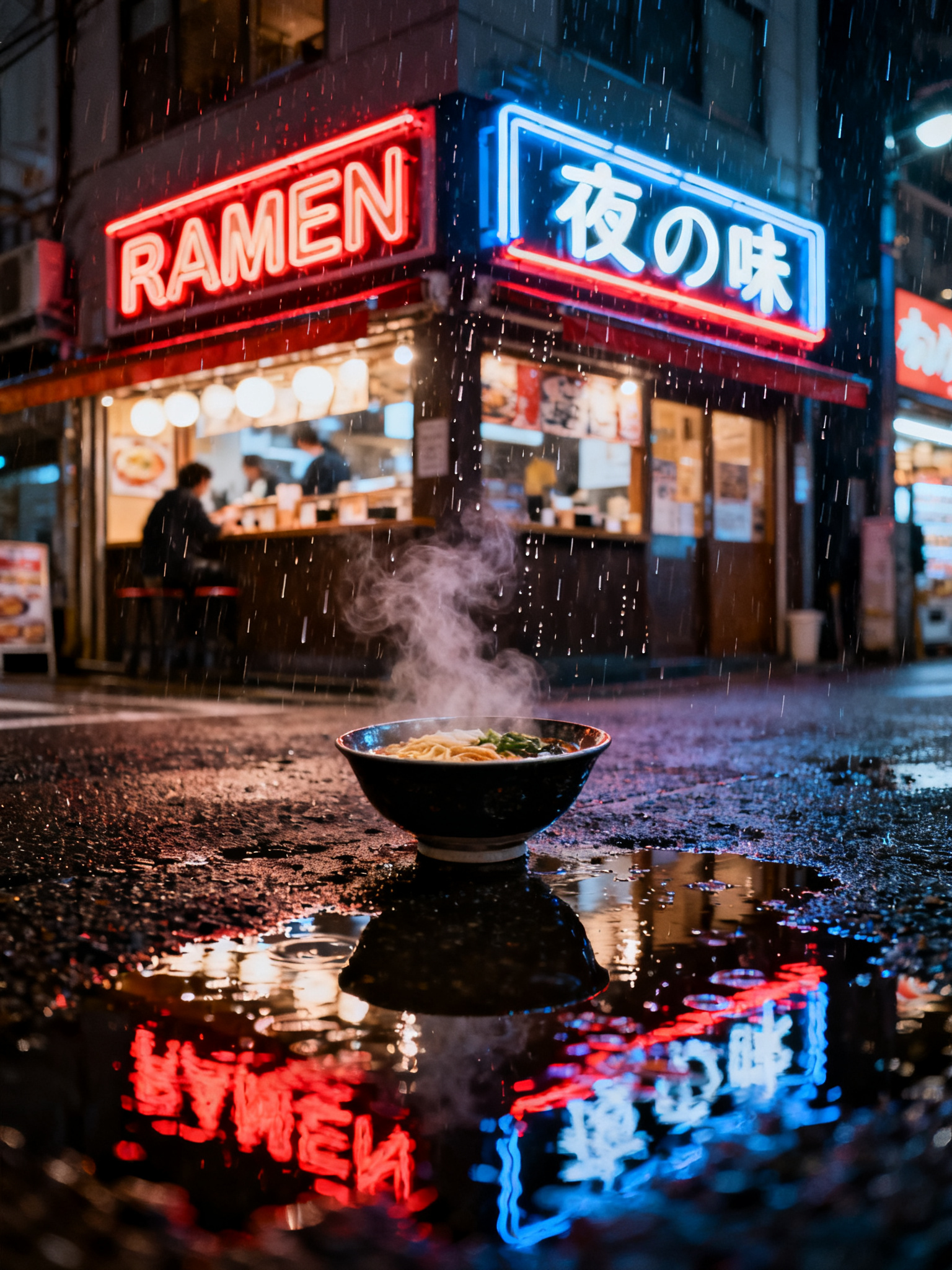 неоновый ramen-бар в дождливом Токио ночью, отражения в лужах, атмосферно, киноплёнка — Seedream 4