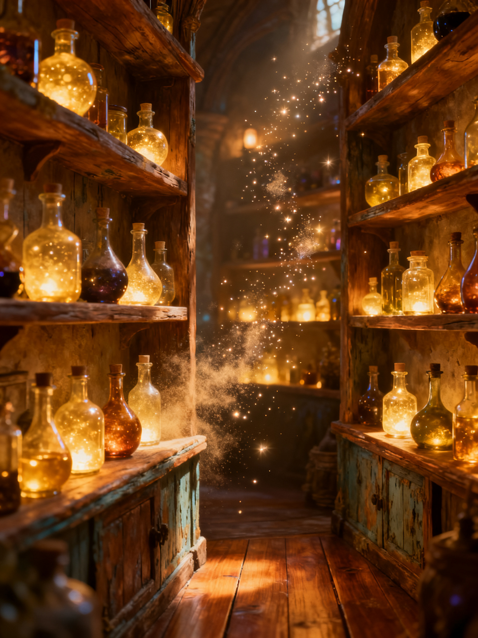 magical potion shop interior, glowing bottles on wooden shelves, dust particles, cozy fantasy — Seedream 4