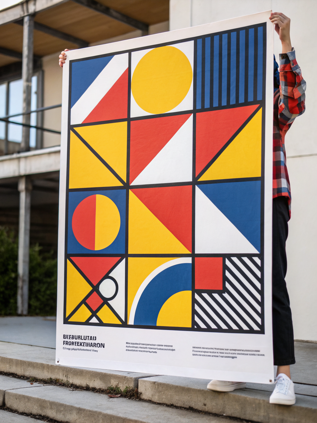 bold geometric poster, bauhaus style, primary colors, abstract shapes, modern graphic design — Recraft V3
