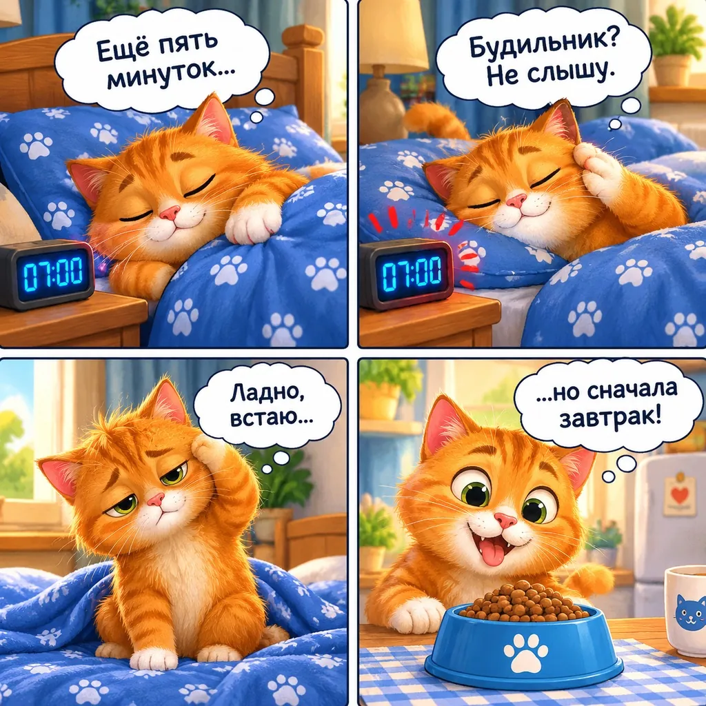 Комикс про рыжего кота, который не хочет вставать утром