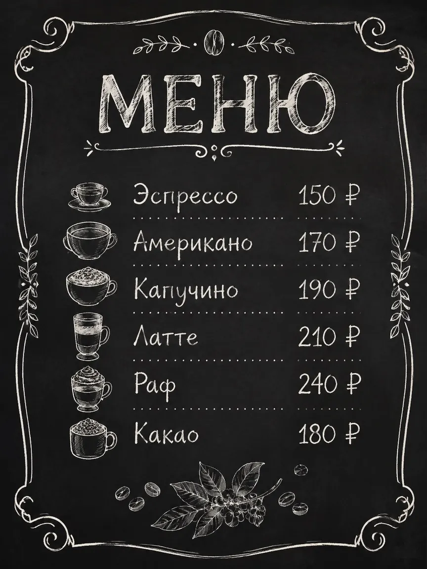 Меню кофейни на грифельной доске с шестью напитками и ценами