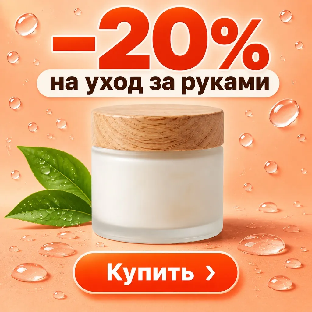 Баночка крема на персиковом фоне с надписью «−20% на уход за руками» и кнопкой «Купить»